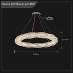100cm chrome ring chandelier with K9 crystals, 145W LED, three adjustable suspension cables.