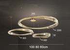 Set of three gold circular crystal chandeliers with LEDs, various diameters, dimensions shown.