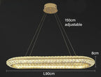 Modern crystal LED chandelier with round mount, four wires, luxury detailing, adjustable length for hotels.
