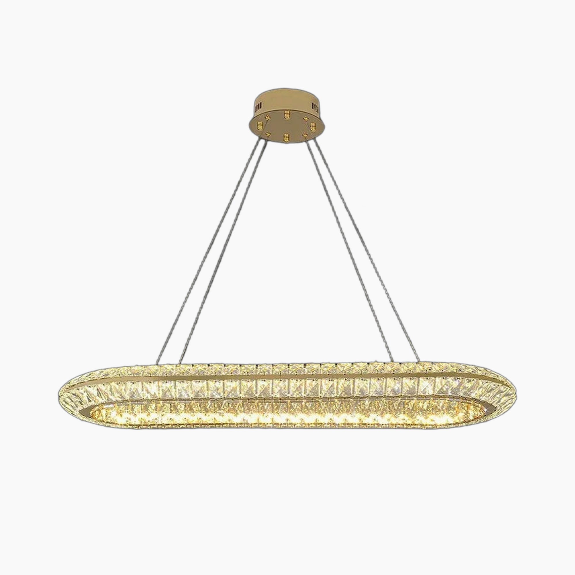 Maison Ornate Modern Crystal LED Chandelier: gold oval base, four wires, crystal-accented ring emits warm light.