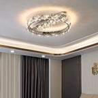 Maison Ornate’s stainless steel crystal chandelier: modern, circular shape emits a warm, elegant light.