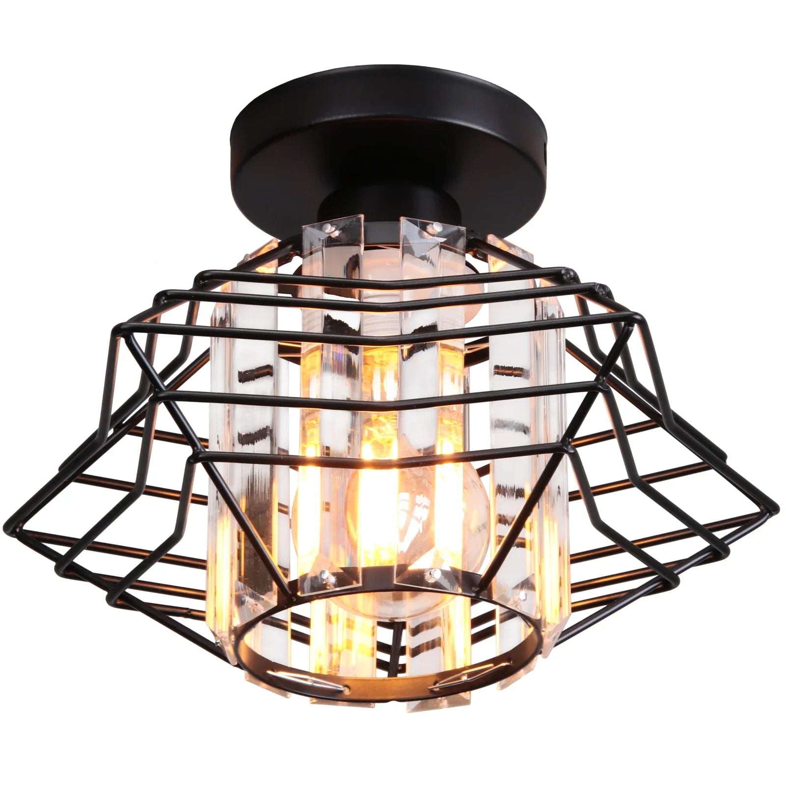 Black metal cage chandelier with vertical glass panels and exposed bulb, modern industrial style.