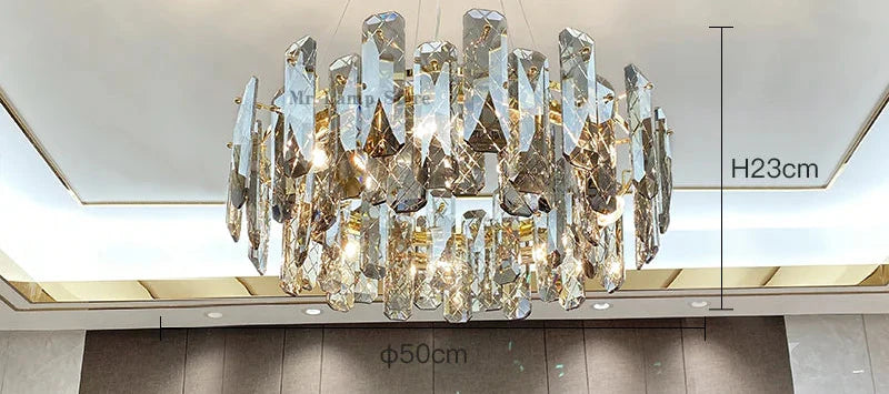 Ornate modern crystal LED chandelier with faceted glass, 23 cm high, 50 cm diameter.