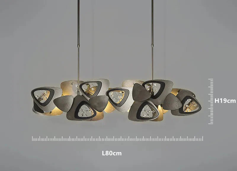 Postmodern chandelier with abstract triangular LED shapes, two cords, 80x19 cm crystal ball design.
