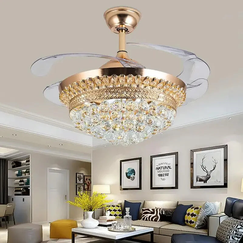 Maison Ornate Crystal Bedroom Chandelier with Integrated Fan LED, gold finish, elegant crystal accents.