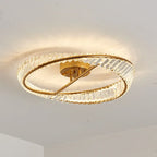 Circular gold chandelier with crystal accents, flush-mount design, dimmable LED, elegant contemporary style.
