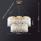 Double-tier gold chandelier with shimmering crystal strands, iron accents; 600mm diameter, 1800mm max height.