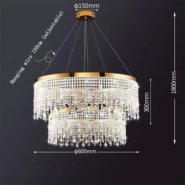 Double-tier gold chandelier with shimmering crystal strands, iron accents; 600mm diameter, 1800mm max height.