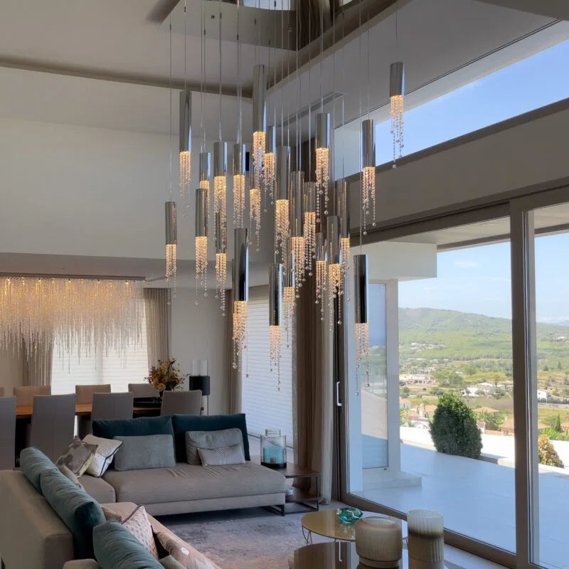 Maison Ornate Modern Elegant Crystal Chandelier with multiple crystal-accented lights, sleek and sophisticated design.