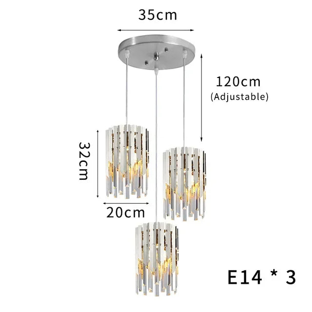 Round gold crystal chandelier with three LED lampshades, adjustable cords, and E14 bulb fittings.