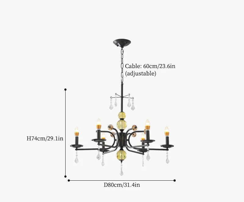 Black and gold vintage crystal chandelier with six LED lights and adjustable chain, elegant design.