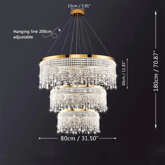Three-tier gold chandelier with sparkling crystal strands, each tier 80cm wide, adjustable hanging line.