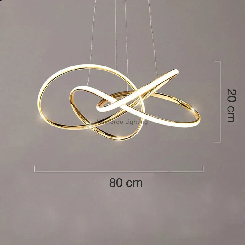 Maison Ornate Postmodern chandelier with gold, white abstract LED loops and thin wire suspension.