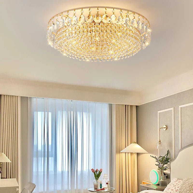Maison Ornate Modern LED Crystal Art Deco Indoor Chandelier with gold accents, elegant contemporary lighting fixture.