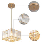 Square crystal chandelier with gold accents, adjustable rope suspension, and intricate detailed corners.