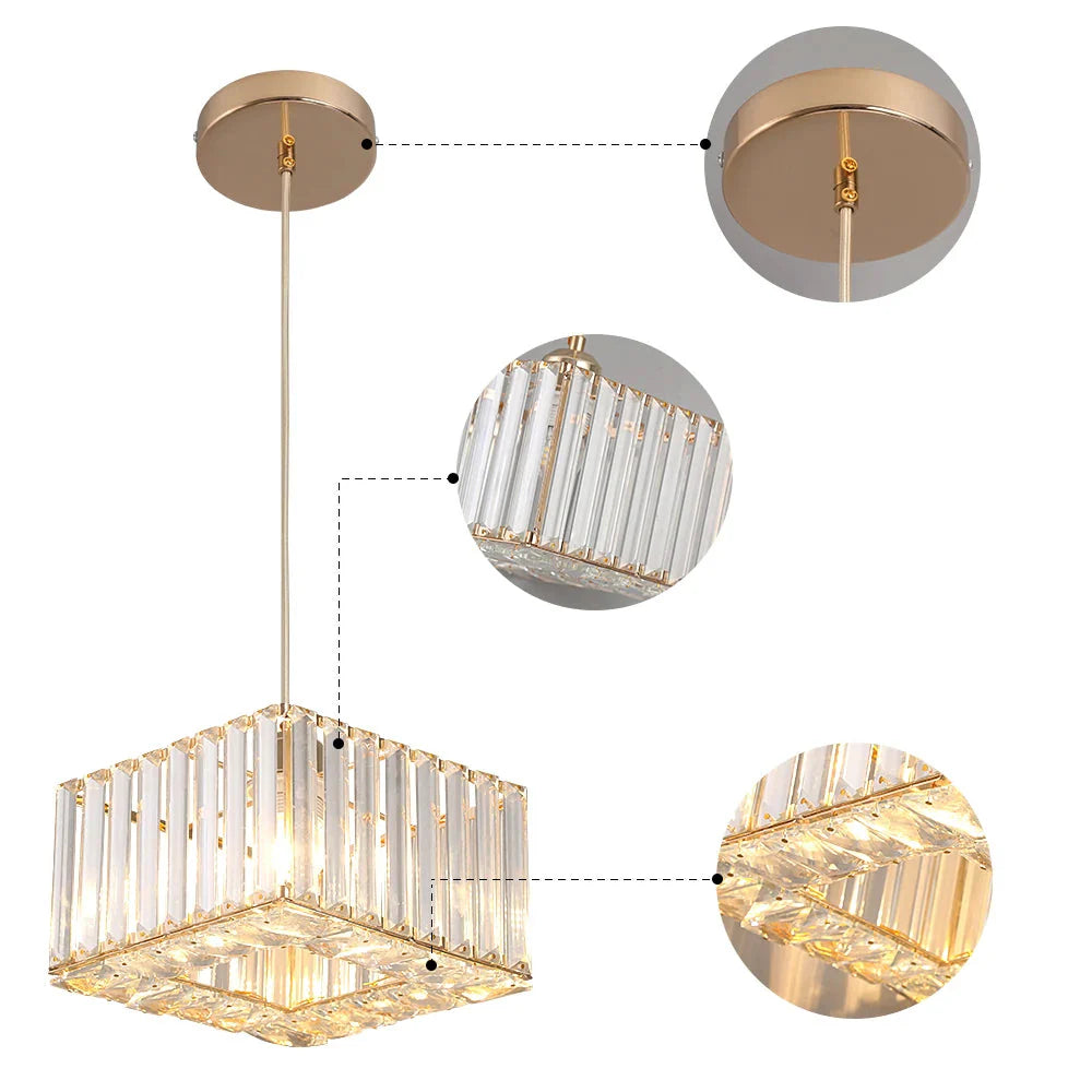 Square crystal chandelier with gold accents, adjustable rope suspension, and intricate detailed corners.