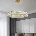 The Maison Ornate Art Deco circular crystal chandelier with LED lights, elegant and luxurious.