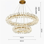 Modern crystal hallway chandelier with dual gold-accented floral light rings, adjustable hanging height.
