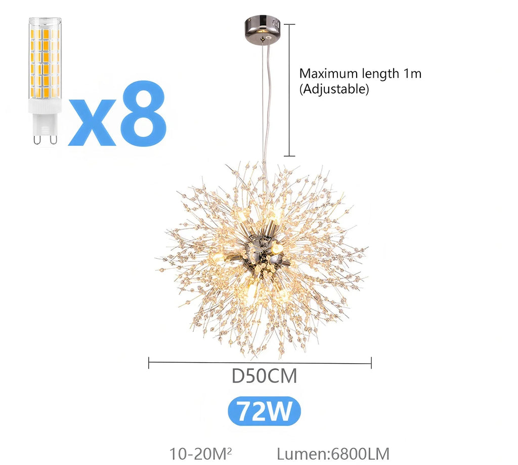Starburst modern LED crystal iron chandelier, 50cm wide, 8 LEDs, adjustable hanging length.