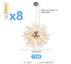 Starburst modern LED crystal iron chandelier, 50cm wide, 8 LEDs, adjustable hanging length.