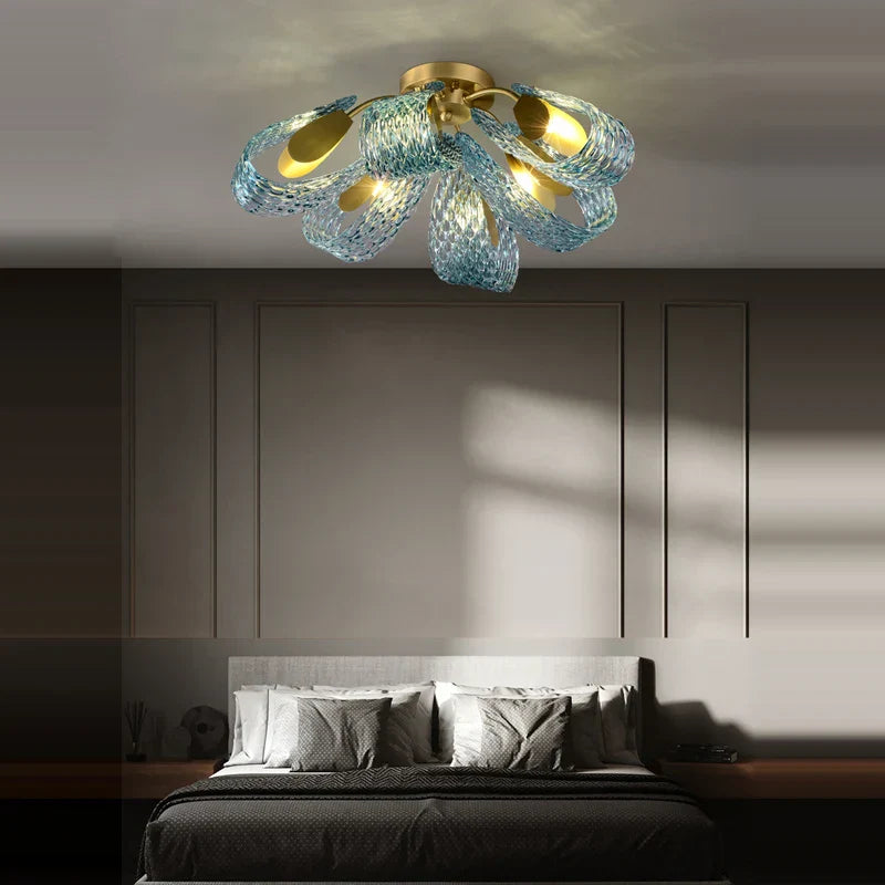Maison Ornate Elegant Crystal LED Pendant Light with gold and blue petal glass detail.