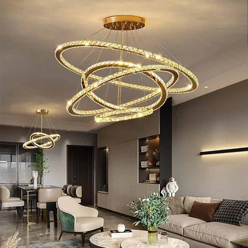Maison Ornate’s Elegant Crystal Dining Room Chandelier featuring sparkling crystals and modern, sleek metal accents.