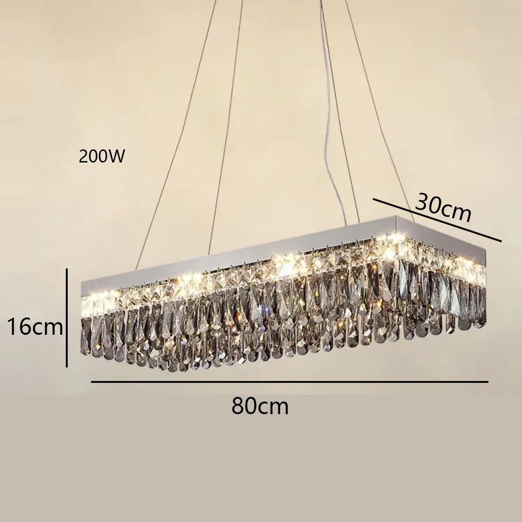Elegant modern crystal chandelier with LED, dual hanging wires, 200W brightness, and 80x30x16 cm dimensions.