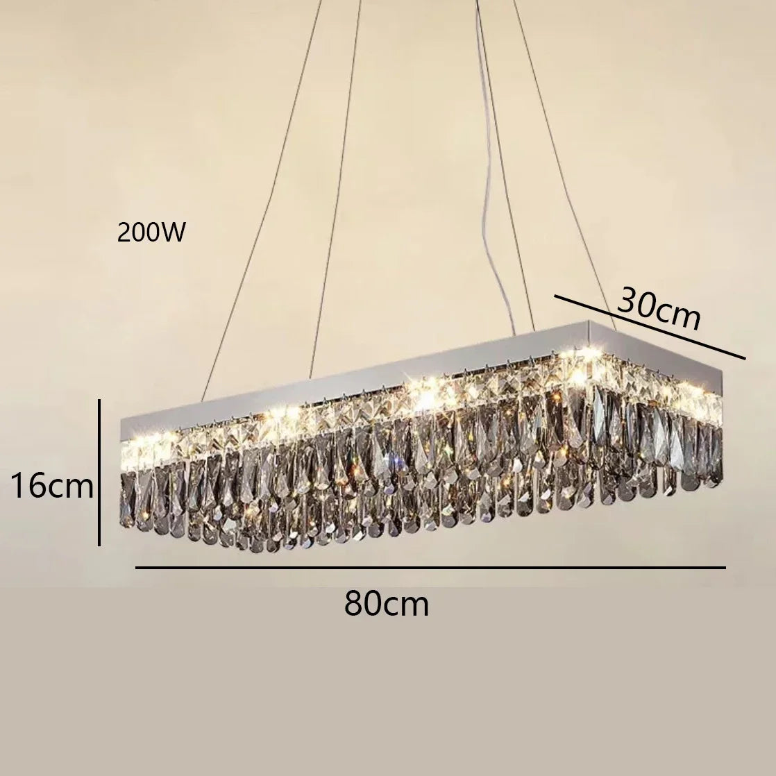 Elegant modern crystal chandelier with LED, dual hanging wires, 200W brightness, and 80x30x16 cm dimensions.