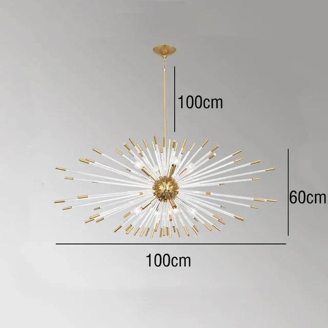 Golden crystal dandelion LED chandelier, 100cm wide, 60cm tall, elegant starburst design.