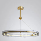 Nordic Art Deco chandelier with gold finish, circular glass, LED ring, and thin suspension wires.