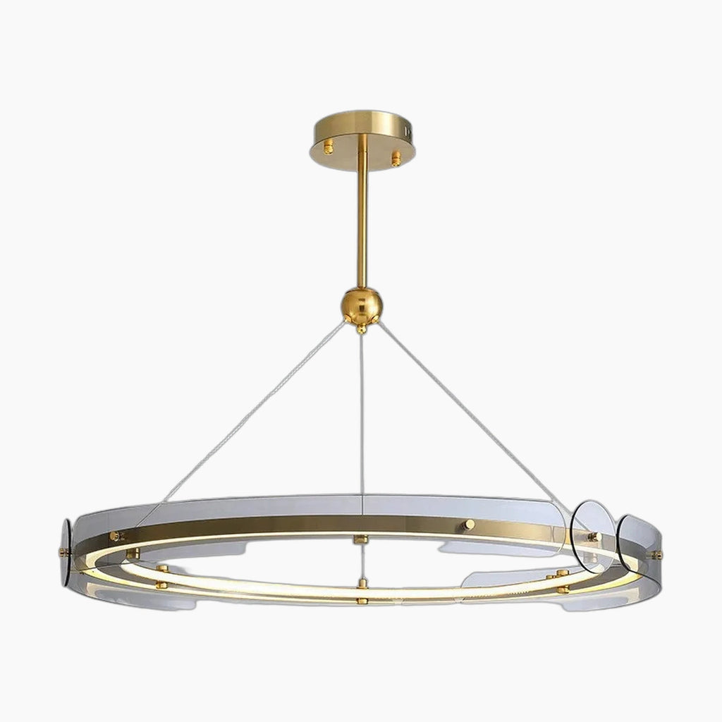 Maison Ornate Art Deco Crystal Chandelier with gold frame, circular LED ring, acrylic accents.
