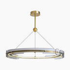 Maison Ornate Art Deco Crystal Chandelier with gold frame, circular LED ring, acrylic accents.