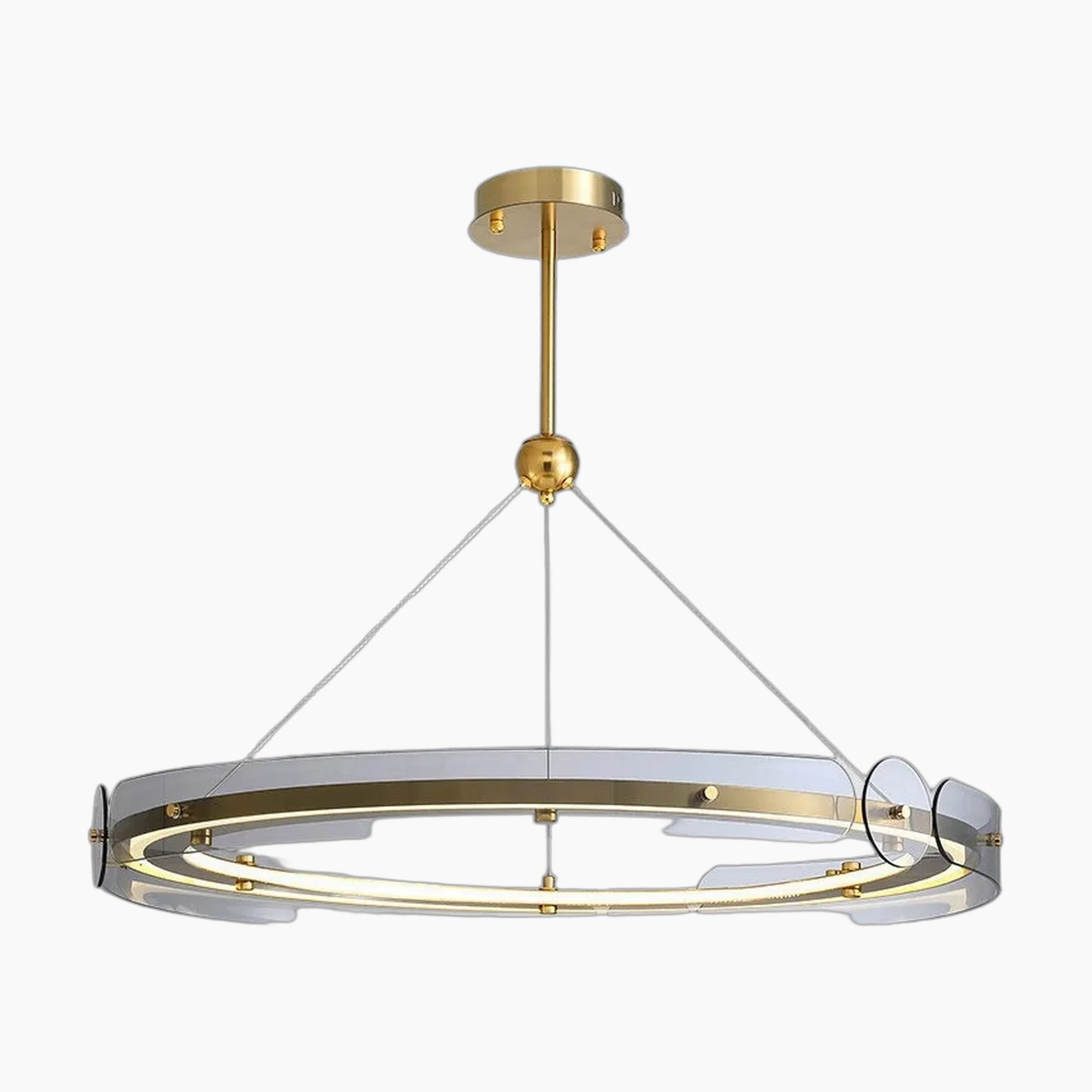 Maison Ornate Art Deco Crystal Chandelier with gold frame, circular LED ring, acrylic accents.