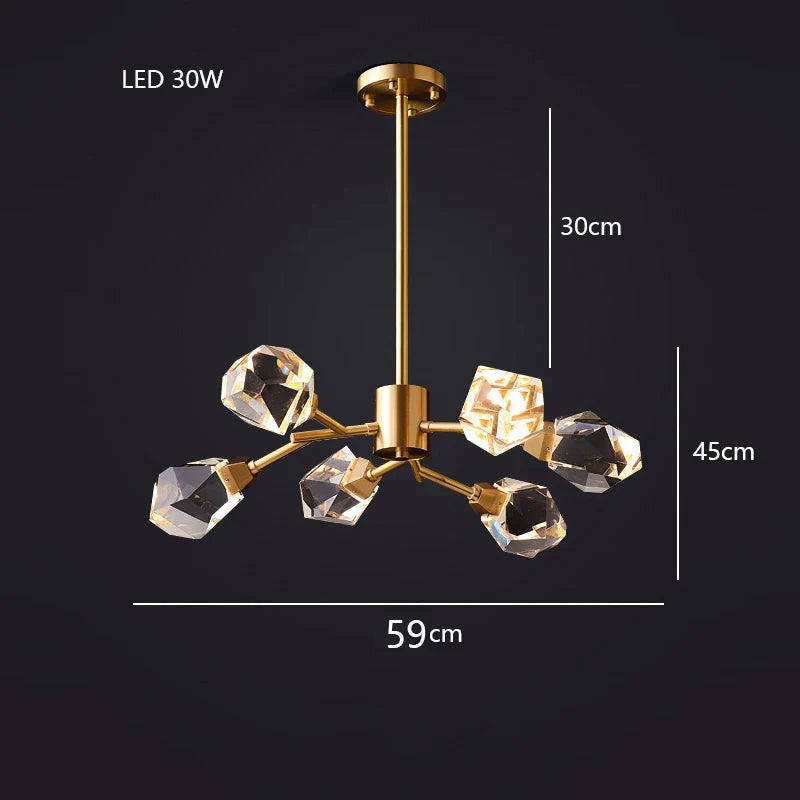 Six-shade brass and glass crystal chandelier with 30W LED, 59 cm wide, modern design.