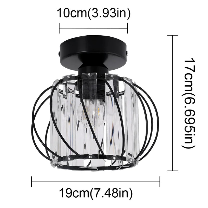 Art Deco chandelier with black base, K9 crystal panels, and metal arcs; 19cm width.
