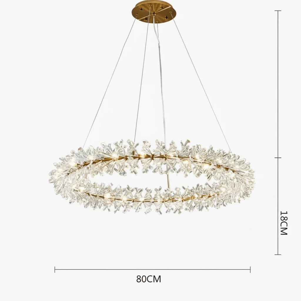 Modern gold-frame LED chandelier with crystal accents, dimmable lighting, 80cm wide, suspended by three wires.
