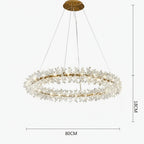 Modern gold-frame LED chandelier with crystal accents, dimmable lighting, 80cm wide, suspended by three wires.
