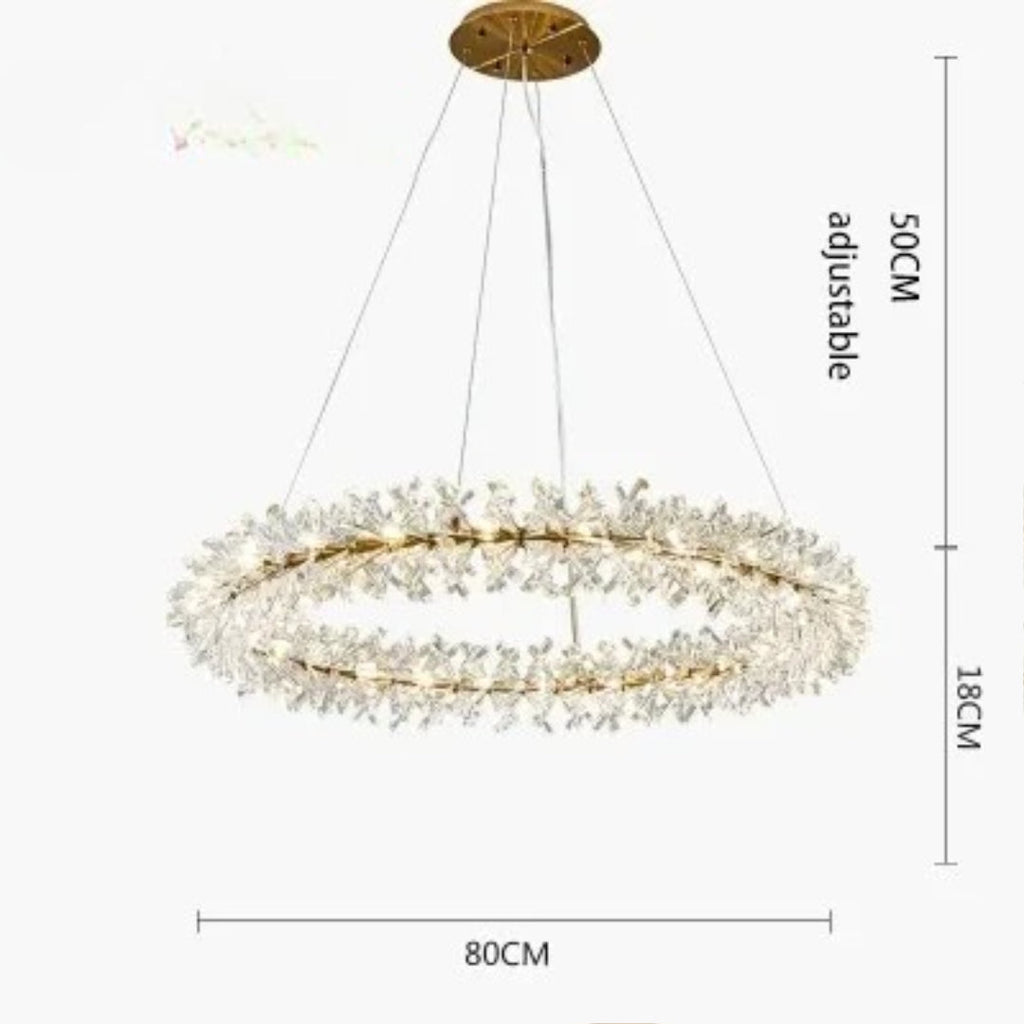 Gold-frame chandelier with LED rings, sparkling crystals, and adjustable wires; 80cm wide, 18cm tall.