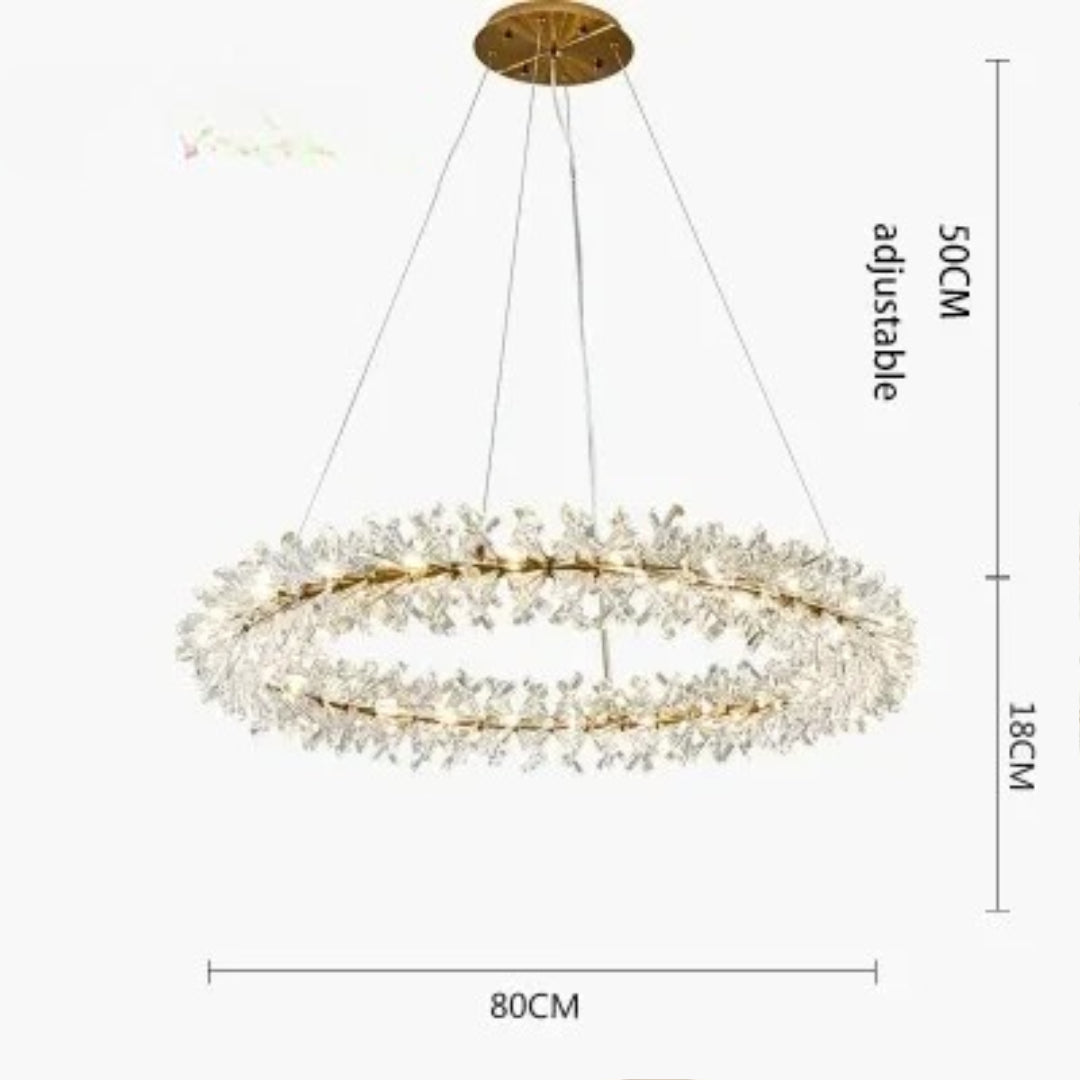Gold-frame chandelier with LED rings, sparkling crystals, and adjustable wires; 80cm wide, 18cm tall.