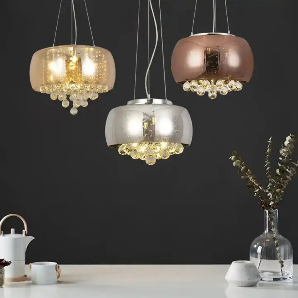 Maison Ornate Modern Crystal Hanging Light with smoked cognac glass shades and crystal accents.
