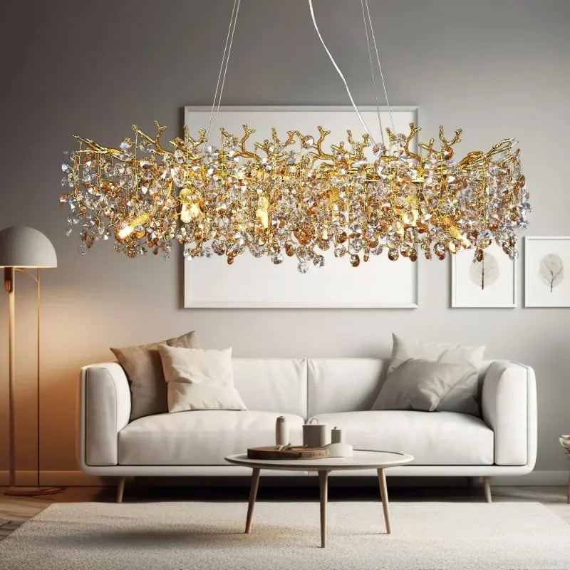 Maison Ornate Elegant Contemporary Crystal Chandelier with LED remote control, featuring clear crystal accents.