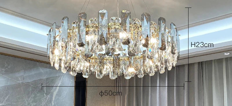 Modern crystal chandelier with vertical rectangular crystals, LED lighting, 23 cm high by 50 cm wide.