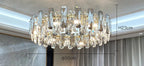 Modern crystal chandelier with vertical rectangular crystals, LED lighting, 23 cm high by 50 cm wide.