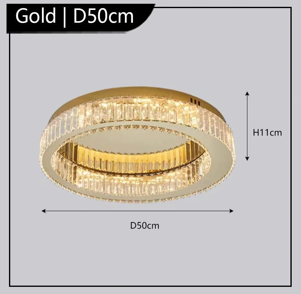 Maison Ornate Golden Postmodern Chandelier with two sparkling concentric crystal rings, 50cm diameter, 11cm height.