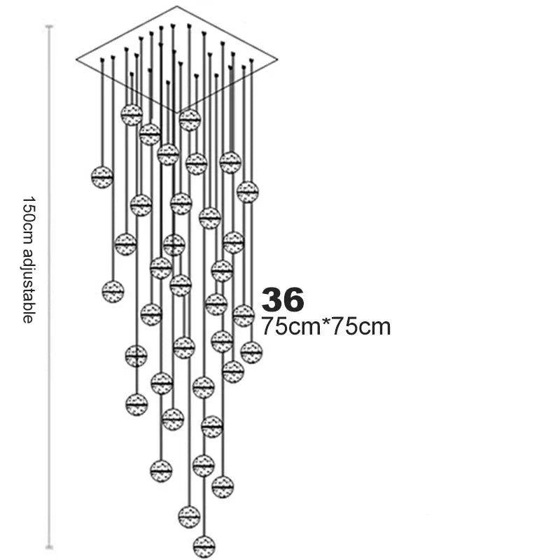 Maison Ornate Crystal Sphere Chandelier, 36 staggered spheres, rotating LED, 75cm base, adjustable 150cm drop.