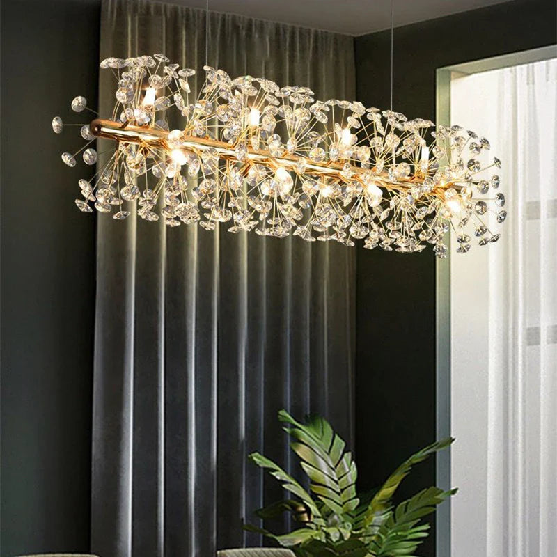 Maison Ornate Modern K9 Crystal Chandelier with gold finish and LED lighting, elegantly suspended.
