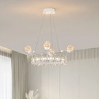 Modern crown-shaped crystal ball chandelier with six globe bulbs in a circular design.