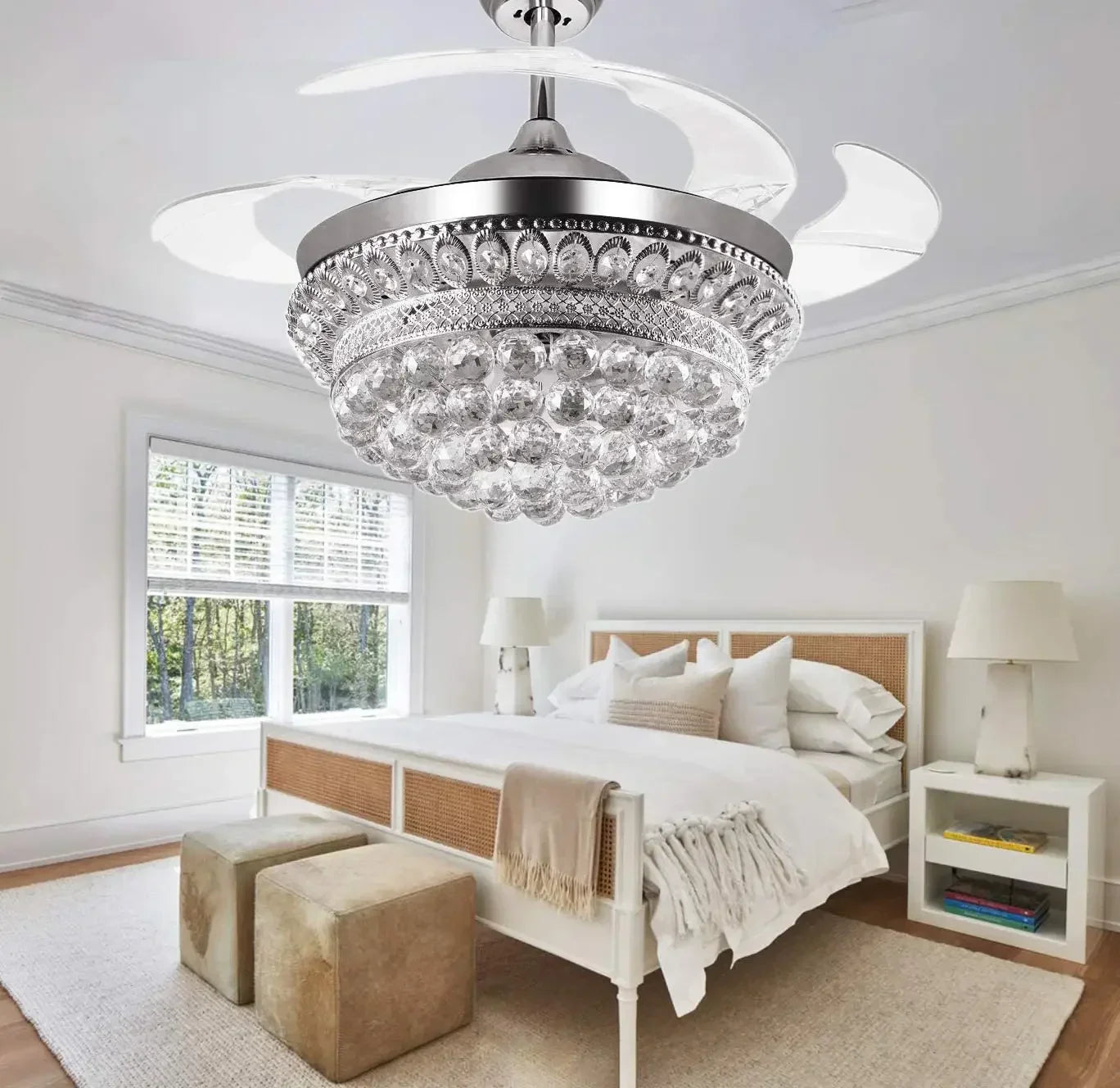 Maison Ornate's Crystal Bedroom Chandelier with Integrated Fan LED hangs above, combining style and lighting.