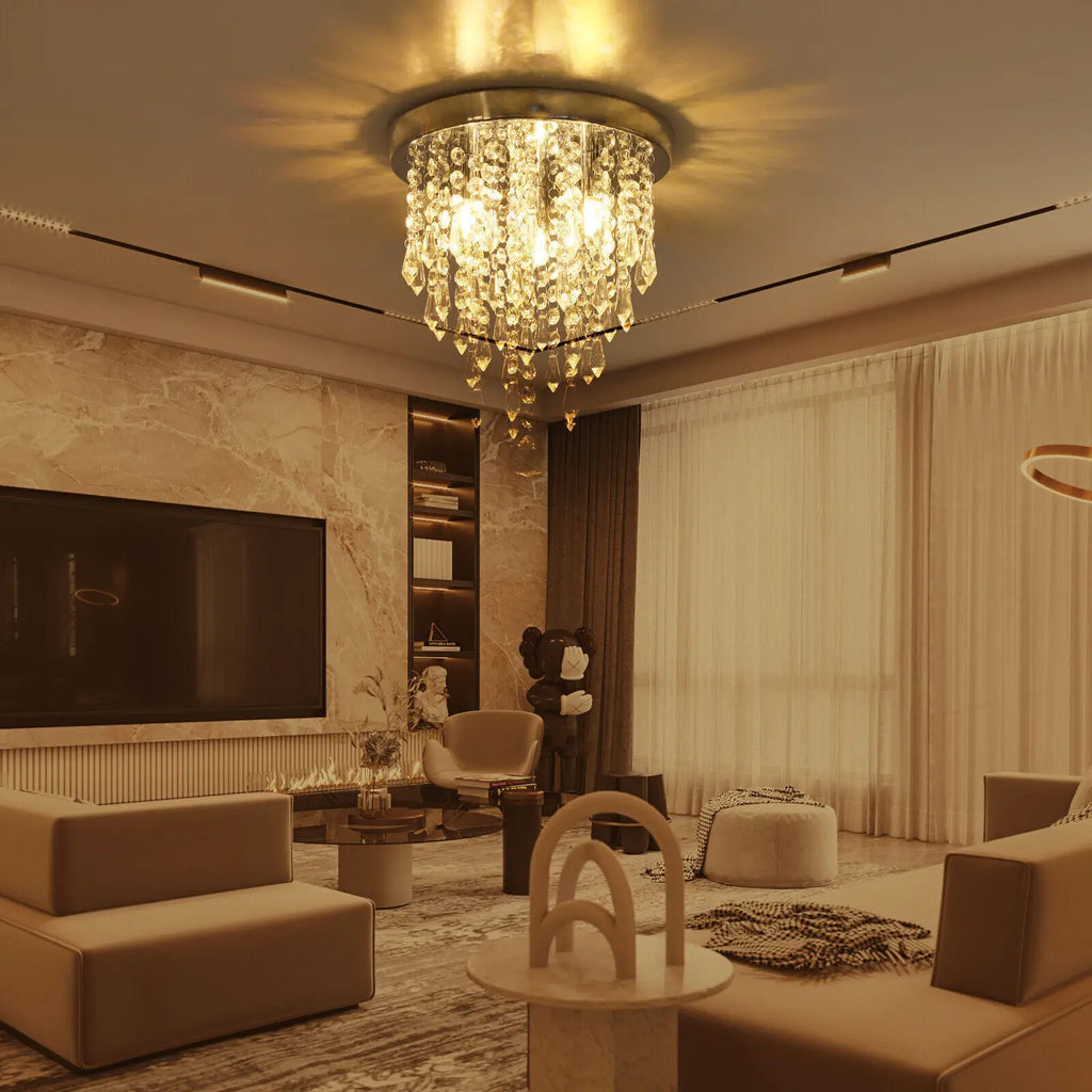 Maison Ornate Contemporary Polished Metal Crystal Hallway Chandelier G9, radiating warm, stylish contemporary illumination.