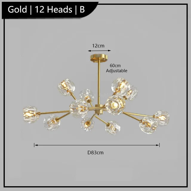 Maison Ornate Postmodern Crystal Chandelier with 12 LED glass lamps, branching arms, adjustable height.